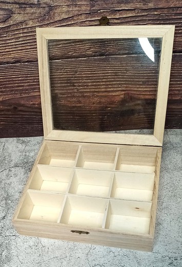 Estuche de madera y vidrio de 9 compartimentos