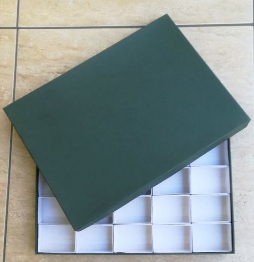 Estuche verde de cartón con 25 compartimentos interiores de 40x60 mm.